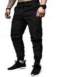 Elegancity Schwarze Cargohose Herren Chino Hose mit 6 Taschen Cargo Hose Stretch Jogginghose für Männer mit Bundgummi Elastische Hosen L