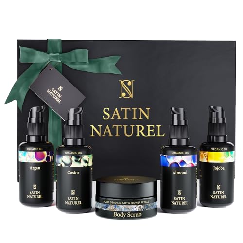 Satin Naturel Verwöhnendes Geschenkset Frauen mit BIO Arganöl + Rizinusöl + Mandelöl + Jojobaöl + Body Scrub aus Totes Meer Salz – Geschenke für Frauen - Luxus-Geschenkbox Naturkosmetik