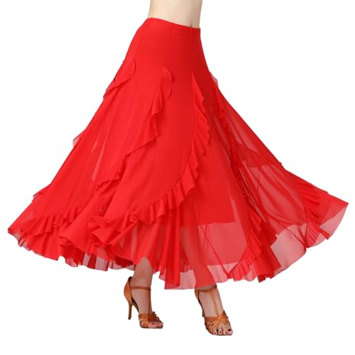 CISMARK Eleganter Ballsaal Tanzen Waltz Tanzparty Lange Schaukel Mesh Rock - Rot - Einheitsgröße
