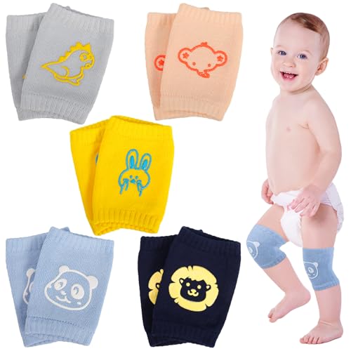 Lvefyti Baby Knieschoner 5 Paar Cartoon Tier Design mit Anti Rutsch Gummipunkten Weiche Baumwoll Krabbelschützer für Jungen & Mädchen