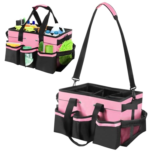 Tragbare Reinigungstasche, Große Putztasche für Haus Auto, putzmittel Aufbewahrung organizer mit Griff und verstellbaren Schultergurt, Reinigungs Caddy Organizer für Reinigungs Produkte (Rosa)