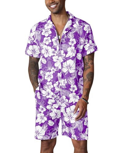 Fastkoala Herren Hawaii Set Outfit Trainingsanzug Männer Zweiteiler Anzüge Sommer Strand Urlaub Geblümt Hemden Shorts lila XXL