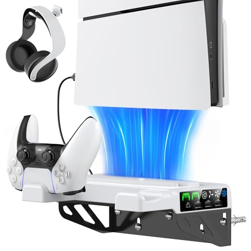 Tokluck PS5 Wandhalterung mit 3 stufig Lüfter und PS5 Controller Ladestation, PS5 Halterung Wand mit Headset Halter/PS5 Lüfter, PS5 Ständer für Playstation 5 Zubehör