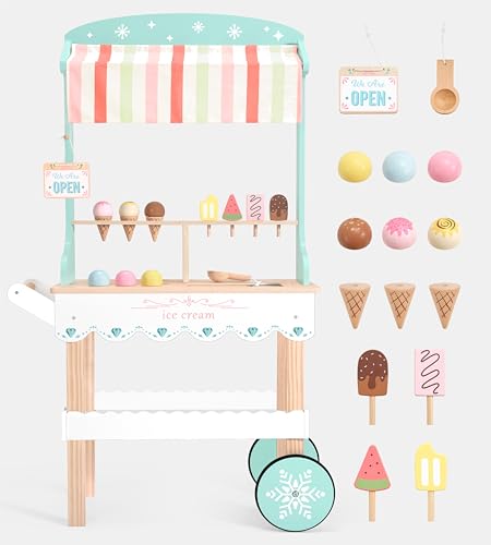 PairPear Holz Eiswagen für Kinder Rollenspiel Lebensmittelgeschäft Eiswagen 2 in 1 Holzspielzeug Lebensmittelwagen Spielküche Kleinkinder Geschenk Jungen und Mädchen ab 3 Jahren Wooden Ice Cream Cart