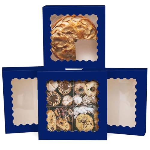 Gcardist Auto-pop Up Tiefes Blau Kuchenboxen mit Fenster 25.4x25.4x6.3cm 12 Stück Keks-Donut-Bäckerei-Box(10x10x2.5 inch)