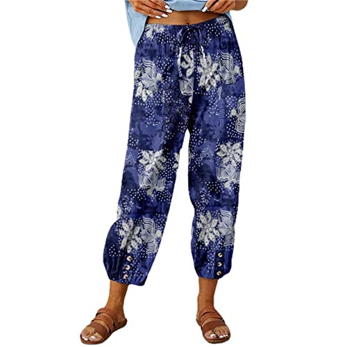Briskorry Damen Leinenhose Sommer Leicht Sommerhose 7/8 Lang Elegant Hose Straight Leg Freizeithose Hohe Taille Sporthose mit Taschen und Kordelzug Strandhose Arbeitshosen