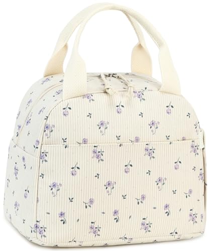LEDAOU isolierte Lunch-Box Frauen wiederverwendbare Lunch-Tasche Cord Mittagessen Tote Handtaschen auslaufsichere thermische Kühler Mittagessen Fall große Kapazität (Lila Blume 178)