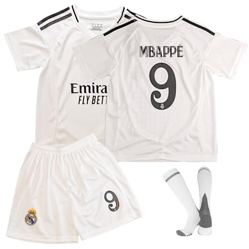 Oirigaga Fussball Trikot Kinder Set, Madrid-Heim No.9 Fußballtrikot für 6-7 Jahre Jungen, KM9 Football Jersey mit Kurzarm Shorts Socken, Atmungsaktiv Schnelltrocknend Fußball-Trainingskostüm, Weiß