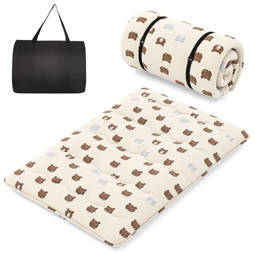 COSTWAY Japanische Futon Matratze, Tatami-Matte, Bodenmatratze, Klappmatratze mit waschbarem Bezug, Faltbare Schlafmatte mit Tragetasche, Braunbär, 140 x 200 cm