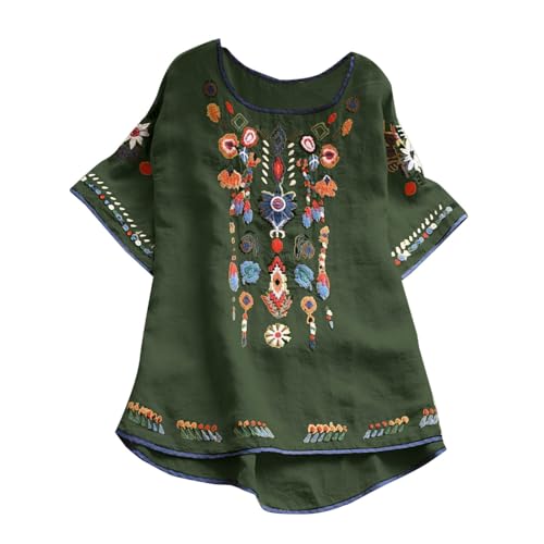 Musselin Bluse Damen Oberteile Modisch Boho Stickerei Tshirt Sommer Rundhals Leinenbluse 2024 Neu Kurzarm Pullover Große Größen T-Shirt Unregelmäßiger Saum Tunika Lose Comfy Shirt Tops für Frauen