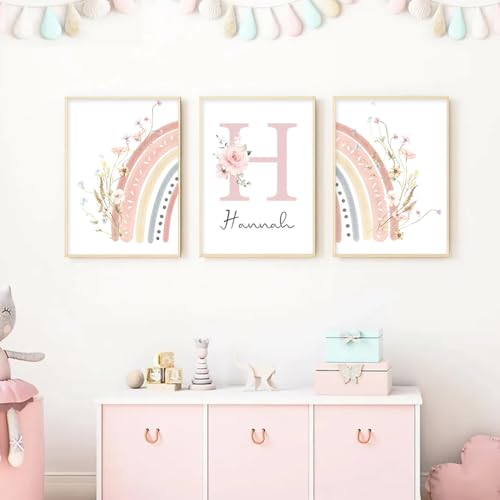 Youihom 3 Bilder für Kinderzimmer Personalisiert Poster Name Baby 30x40 Wandbilder Babyzimmer Mädchen Boho Rose Blumen Wandposter Regenbogen Bilderwand Leinwand ohne Rahmen