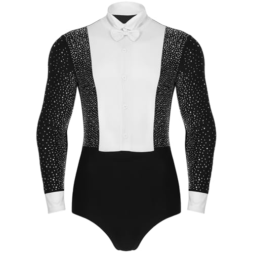 Sywiyi Herren Latein Tanz Oberteil Langarm Tanzhemd Bodysuit Leotard Tanzanzug mit Fliege Erwachsene Standard Dance Kostüm Schwarz XL