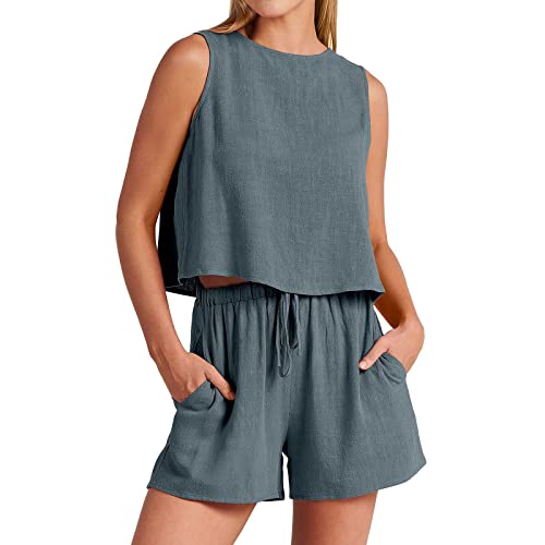Sommer Lässige Sportbekleidung Schlafanzug Prämie Lockere Frauen Leicht Casual Freizeitanzug Damen 2-Teiliges Freizeit Set Ärmelloses Neckholder Oberteil Kordelzug Shorts Sweatshirt (Blue, M)