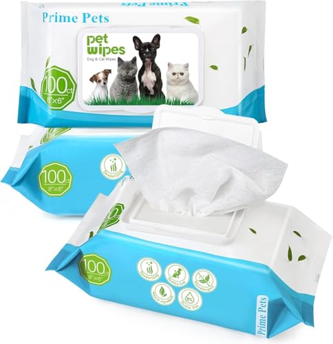 PrimePets Feuchttücher Hund 3×100 Stück, Katzen Feuchttücher, Pflegetücher für Hunde, zur Reinigung von Gesichtern Ohren Pfoten