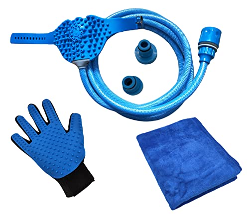 HMH-Shop Haustier Hundedusche 5tlg. Bade-Kit Bade-Set Waschanlage Hund Haustierdusche Fellhandschuh Brausehandschuh Duschkopf Handtuch Katze Haustierpflege 1/2 + 3/4 Zoll Schlauchanschluss