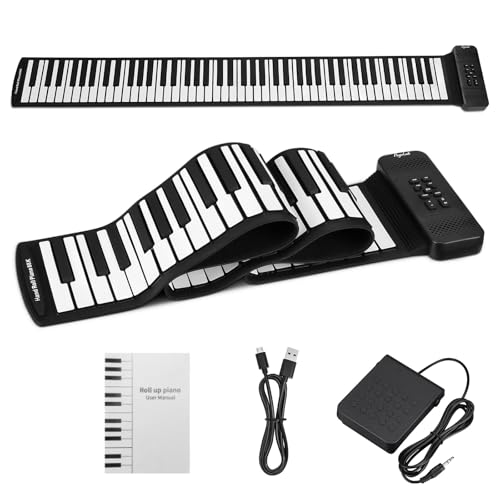 POGOLAB Aufrollbares Keyboard-Piano 88 Tasten, E Piano 88 Tasten für Anfänger, mit 14 Demo/128 Rhythmen/128 Hochwertige Sounds/Fußpedal/Bluetooth, Wiederaufladbar Rollpiano Erwachsene 88 Tasten