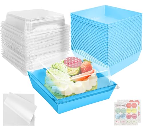 CoKeeSun 30 Stück Kuchen Transportbox Pappe,12cm Muffin transportbox mit Transparentem Deckel, Cupcake Box mit Backpapier und Aufkleber, Take Away Box für Sandwich, Macarons (Weiß) (Blau)