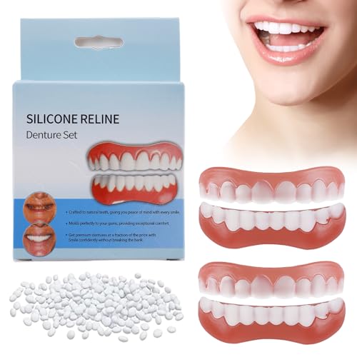 2 Paare Falsche Zähne Veneers, Furzero Gebiss Silicone Reline Denture Set, Furniere Zähne Kosmetische Zahnabdeckung Zahnprothese Künstliche, Prothese Komplett, Temporäre Zähne für Frauen Männer