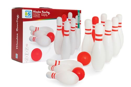 BS Toys Holz-Bowling - Kegelspiel für Kinder & Erwachsene - Für Indoor & Outdoor - Ab 4 Jahren - Gesellschaftsspiele - ideal für Kindergeburtstag - Hochwertiges Holz - Rot/Weißes Set