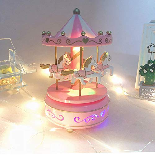 Karussell Hölzernes Vintage Spieluhr 4 Pferd Rotierende Musikbox mit bunter Beleuchtung LED Leuchtend Spielzeug Dekoration Weihnachten Geschenk für Mädchen Kinder