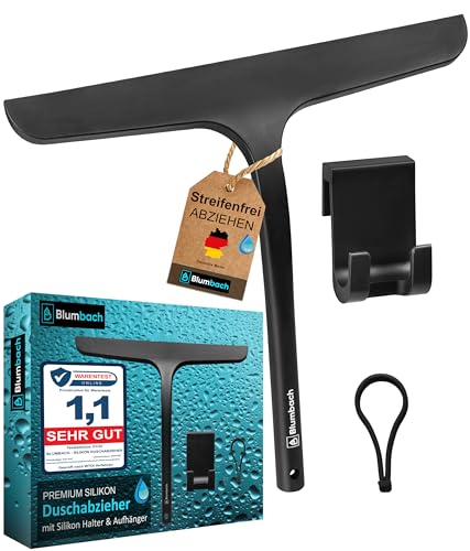 BLUMBACH® Duschabzieher schwarz, Abzieher Dusche mit Halterung 28 cm breit, Fensterabzieher Silikon mit Edelstahl Kern, Dusch Abzieher Wischer, Duschwand Abzieher, Flitsche Dusche, Glasabzieher,