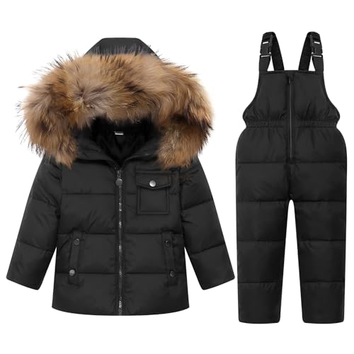 Kinder Winter Puffer Jacke und Schneehose 2-teiliges Schneeanzug Skisuit Set, Schwarz