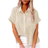 Sommeroberteile für Damen, Leinenhemden für Damen, lockere Bluse, übergroße Hemden, kurzärmelig, Button-Down-Shirts für Damen, Arbeitsblusen und Hemden, Braun #_02, XXL