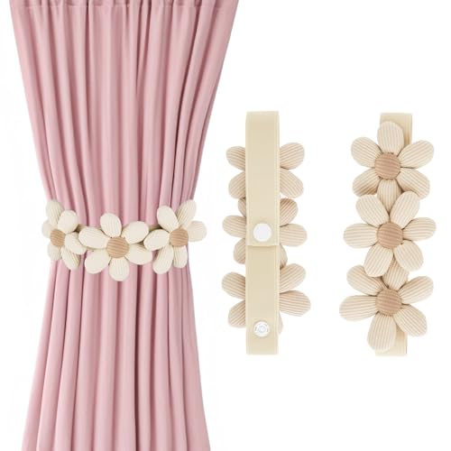 Andibro 2 Stück Vorhang Raffhalter, Blumen Gardinen Raffhalter Süße Boho Dekorative Vorhanghalter Elastisch Vorhang Halter mit verstellbaren Riemen Gardinen Seil für Haus Büro Kinderzimmer (Beige)
