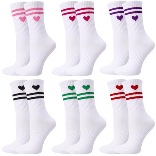 Utensilsto 6 Paar Tennissocken für Damen Sportsocken Damen 39-42 Weiß Socken mit Streifen Herz Laufsocken Tennis Sport Socken mit Streifen Socken Crew Socks Arbeitssocken