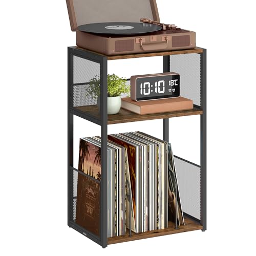 VASAGLE Plattenspieler-Ständer, 3 Etagen, Beistelltisch, Aufbewahrung von Schallplatten, bis zu 100 Alben, Tisch für Wohnzimmer, Schlafzimmer, vintagebraun LET275K01
