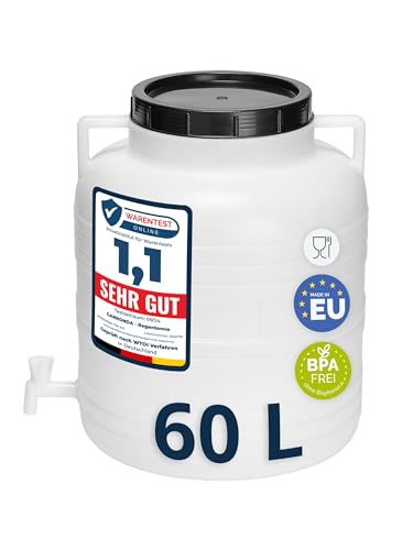 Garronda 60 Liter BPA-freies Fass und Futtertonne mit Hahn Weithalsfass Wassertank und Behälter mit Deckel für Sauerkraut sowie Surfass Pökelfass für Fleisch GD-0090, Weiß