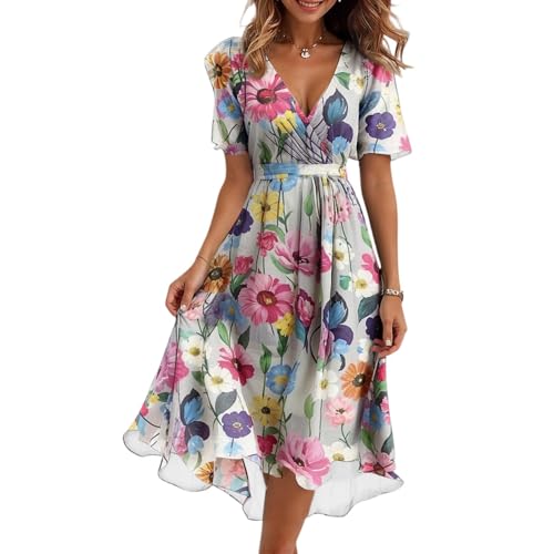 Generisch Damen Abendkleider Elegant Lang Chiffon Cocktailkleid Summer Kleider Knielang Tunika BindegüRtel Hohe Taille Kleid Dress for Women Freizeitkleid Sommerkleid Chiffonkleid für Hochzeit