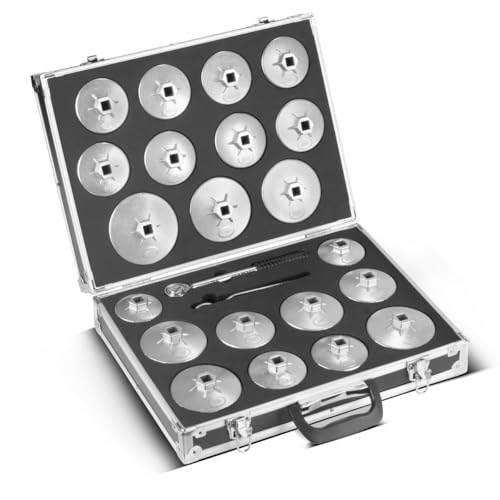STAHLWERK Ölfilterschlüssel Set 23-teilig Ölwechselwerkzeug-Satz mit Ölfilterkappen-Satz aus Aluminium, Umschaltknarre und Ringschlüssel | Ölkappenschlüssel | Kfz-Spezialwerkzeug für Ölwechsel