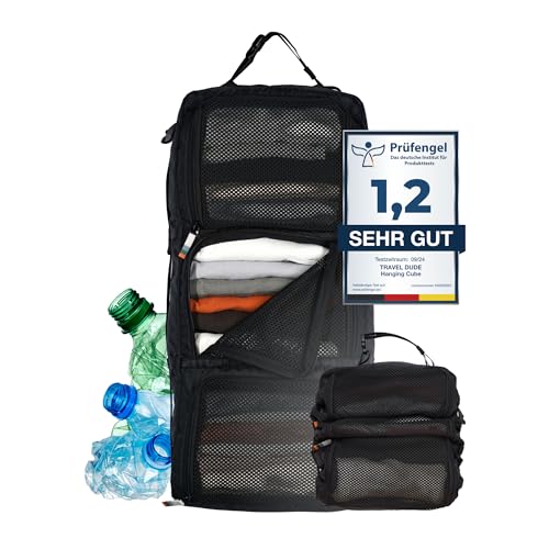 TRAVEL DUDE Hanging Packing Cube mit Kompression aus recycelten Plastikflaschen | Hängende Packwürfel für Rucksack und Koffer | Tragbare Reiseregale in Schwarz