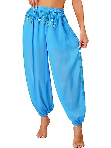 CHICTRY Bauchtanz Haremshose Damen Chiffon Tribal Arabische Hose Pailletten Glänzend Lose Bauchtanz Kostüm Pumphose für Yoga Pilates Party Himmelblau Einheitsgröße