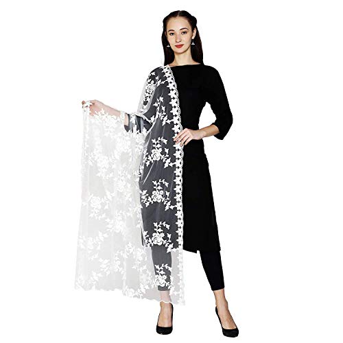 HARI MADHAV DESIGN Damen Nylonnetz bestickt Dupatta (weiß, Einheitsgröße), Weiss/opulenter Garten, Einheitsgröße