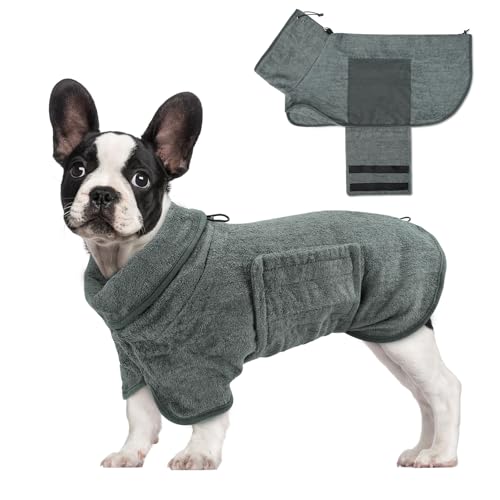 Woiil 100% Baumwolle Hundebademantel, Ultra Saugfähiger Bademantel Hund, Mit Klettverschluss Und Verstellbarem Gummizug, Maschinenwaschbar, Geeignet Für Große, Mittlere Und Kleine Hunde, Grau (M)