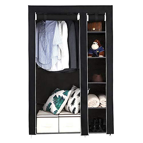 LEADZM Kleiderschrank, Faltschrank Stoffschrank Faltbare Garderobe Canvas mit Reißverschluss, Fächern, für Schlafzimmer, Wohnzimmer (Schwarz, 110 x 45 x 175 cm)