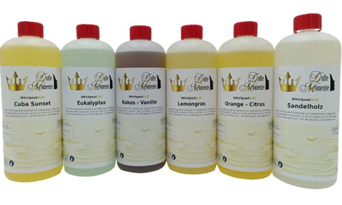 Dufte Momente | Whirlpool Duft 6 x 1 Liter | u.a. Eukalyptus, Kokos-Vanille, Lemongras, Sandelholz | mit naturreinen und natürlichen ätherischen Ölen | kein Schaum | vegan und ohne Tierversuche