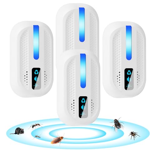 AOOWU 4 Pack Ultraschall Schädlingsbekämpfer, Mäuseabwehr Mäusevertreiber Ultraschall, Elektronische Insektenschutzmittel Moskitoschutz Innenräumen, Abwehr von Moskito,Kakerlake,Mäuse, Spinnen,Fliegen