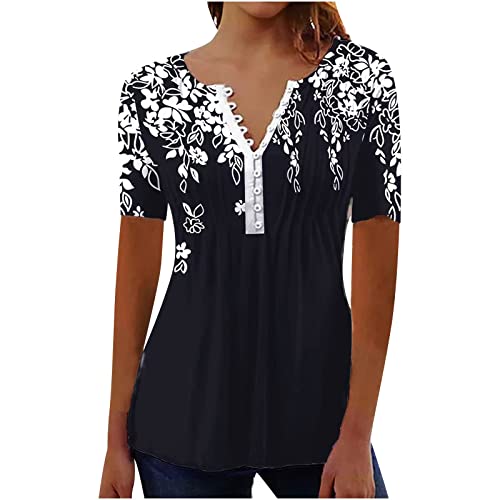 Damen Henley Shirt 2024 Komfortabel Baumwolle T-Shirt Damen V-Ausschnitt Tunika Tops Knöpfe Bluse Kurzarm Sommer Oberteile Blumen Bluse Longshirt Elegant Falten Tunika