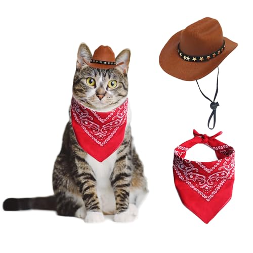 AWOCAN Cowboyhut für Hunde, Katzen, Cowboyhut, Mini-Cowboyhut für Hunde, Katzen, Cowboy-Kostüm mit Bandana, Schal, Urlaub, Halloween, Haustier-Party-Dekoration (Braun, Größe S)