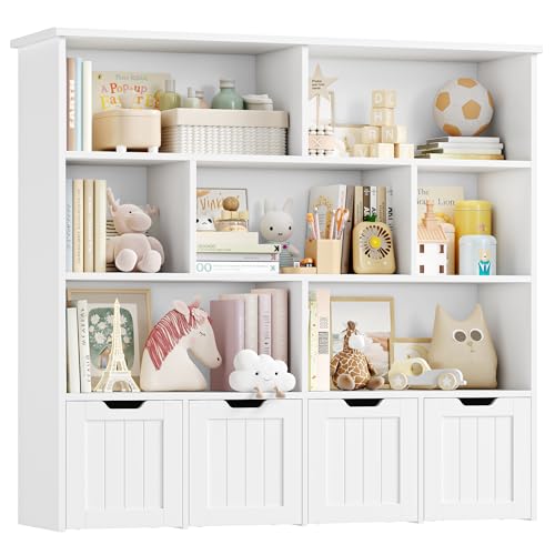 FOREHILL Kinderregal mit Boxen auf Rollen, Kinderbücherregal mit mit 4 Ebenen, Kinderzimmer Möbel, Spielzeugregl, Aufbewahrungregal,Bücherregal für Kinder, Kinderschrank, Regal weiß 125.5x33x118cm