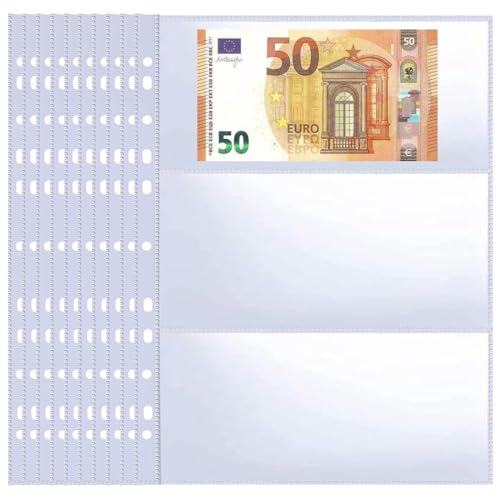 WUSJCOF 10er-Pack 60 Taschen 11-Loch Banknoten-Hüllen, Nachfüllseite für Bargeldsammelalben, Doppelseitige Währungsblätter mit 3 Taschen zum Sammeln von Euro, Papiergeld, Fremdwährungen und Coupons