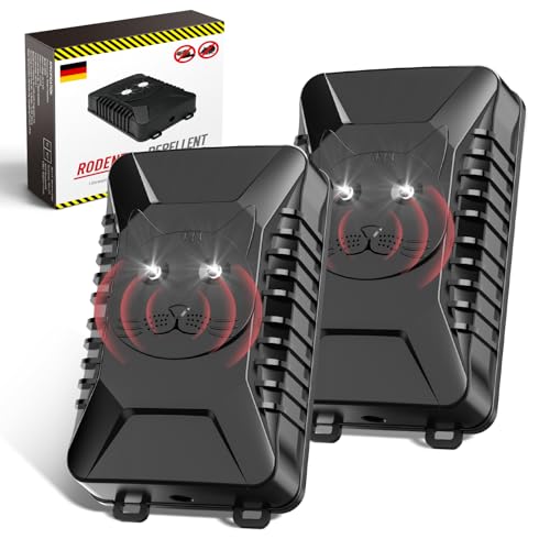 Marderschreck Auto, 2 Stück Ultraschall Marderabwehr Unterstützt USB-Laden und 4 AA-Batterien, Marderschutz mit Blitzlicht, Anschluss an 12V Autobatterie, für KFZ, Motorraum, Dachboden, Haus, Garten