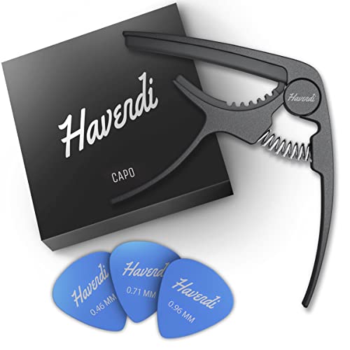 HAVENDI® Kapodaster für Gitarre + 3 Plektren | Kinderleichte Bedienung | Capo für Gitarre - Westerngitarre, Akustikgitarre, Konzertgitarre, E-Gitarre & Ukulele