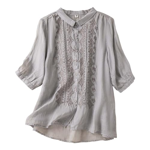 Modisches Damen-T-Shirt, Tops 2024, literarisches Retro-Design, lose Stickerei, Rundhalsausschnitt, dünne Baumwollbluse, Damenhemden und Blusen, Grau 2, L