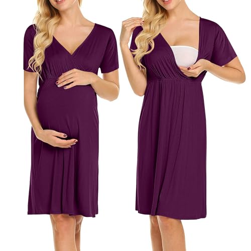 Weardear Stillen Nachthemd Damen Kurzarm V Ausschnitt Mutterschaft Nachtwäsche mit Stillfunktion Umstandsnachthemd Lila L