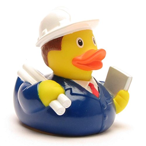 Duckshop I Badeente Ingenieur I Quietscheente I L: 8,5 cm I inkl. Quietscheentchen-Schlüsselanhänger im Set I Geschenk BAU I Präsent Sammler