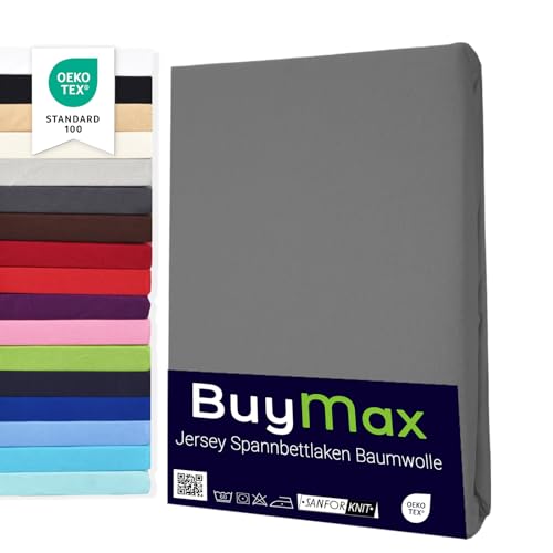 Buymax® Spannbettlaken 200x200cm Baumwolle 100% Spannbetttuch Bettlaken Jersey, Matratzenhöhe bis 25 cm, Farbe Anthrazit-Grau